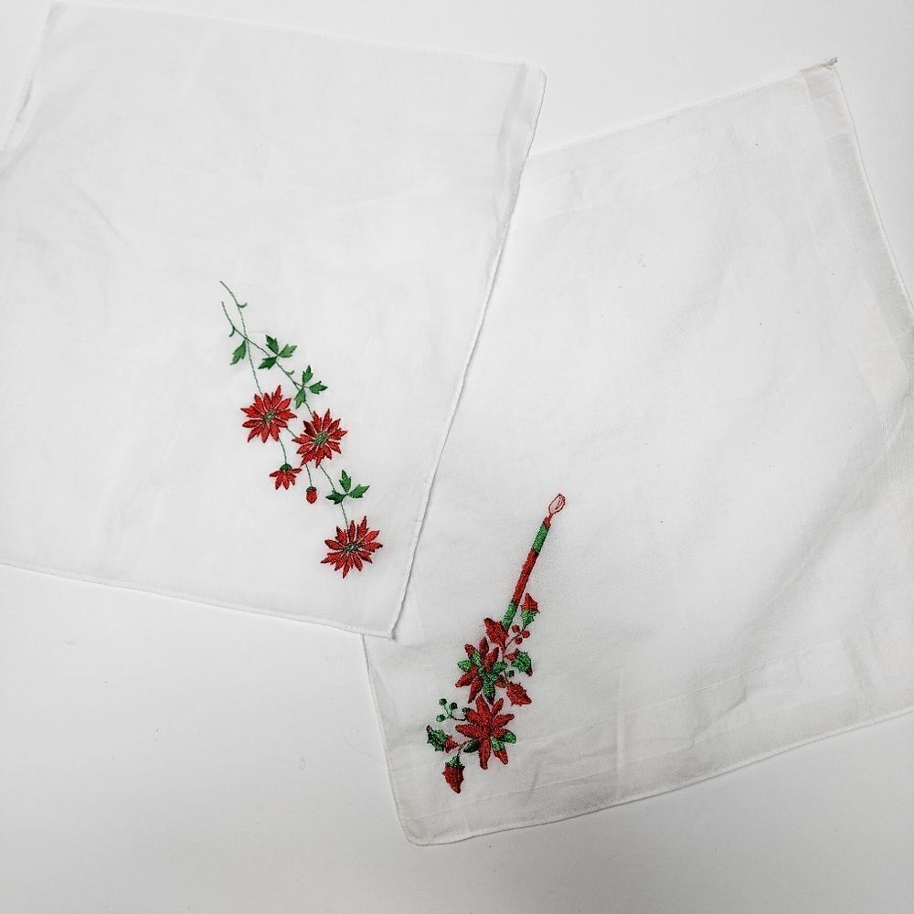Vintage Set Of 2 Hankerchiefs Embroidered With Christmas Motifs
